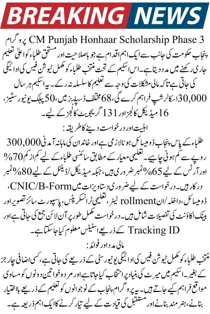 CM Punjab Honhaar Scholarship 2026 – Phase 3 Registration Live Now